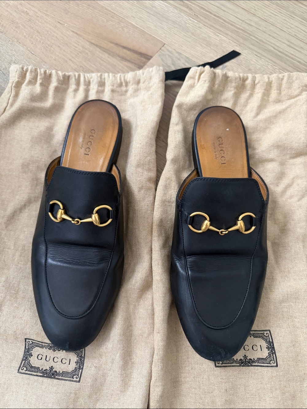 Gucci Black Leather Gold Horsebit Mules